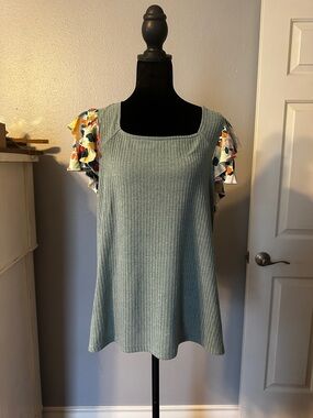 Suzanne Betro Sage Blue Ribbed Square-Neck Top with Floral Ruffle Sleeves